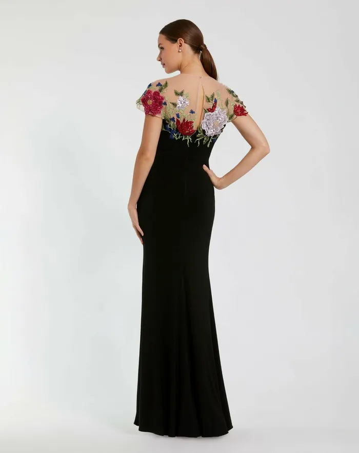 Evening Gowns Women Mac Duggal Floral Embellished Jersey Fitted Gown Black Multi