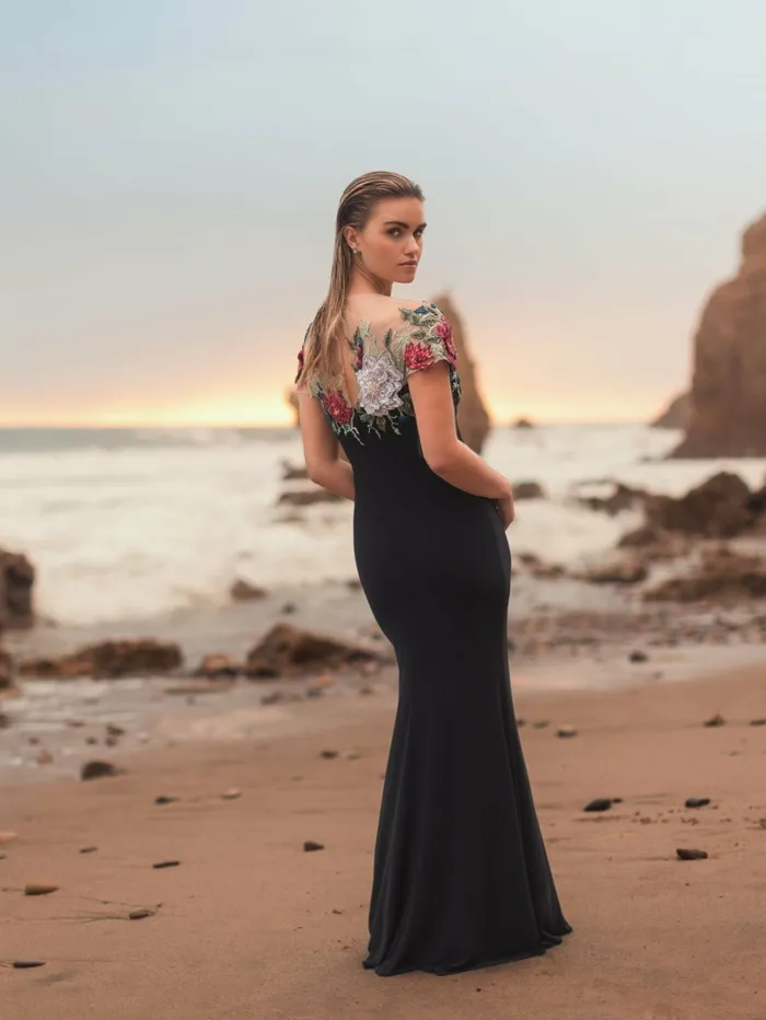 Evening Gowns Women Mac Duggal Floral Embellished Jersey Fitted Gown Black Multi