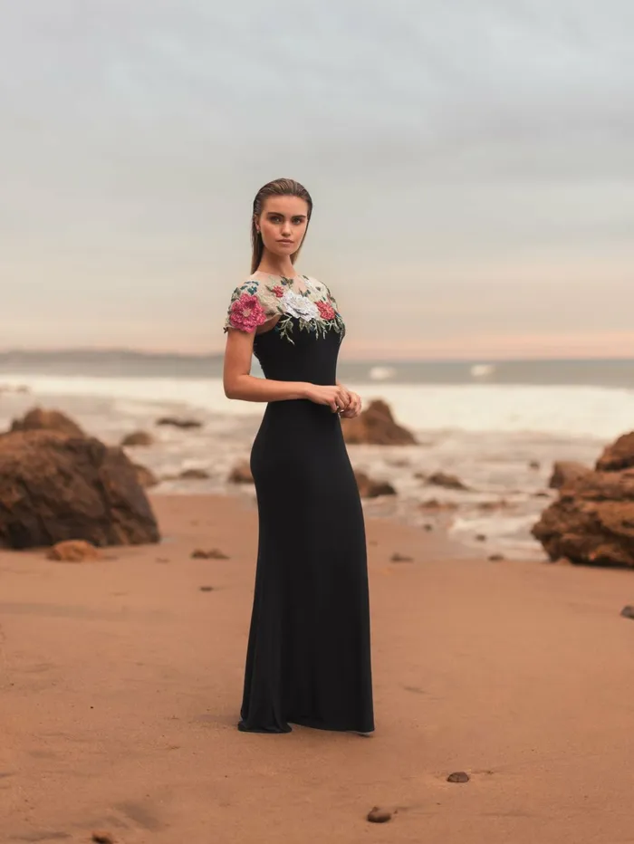 Evening Gowns Women Mac Duggal Floral Embellished Jersey Fitted Gown Black Multi