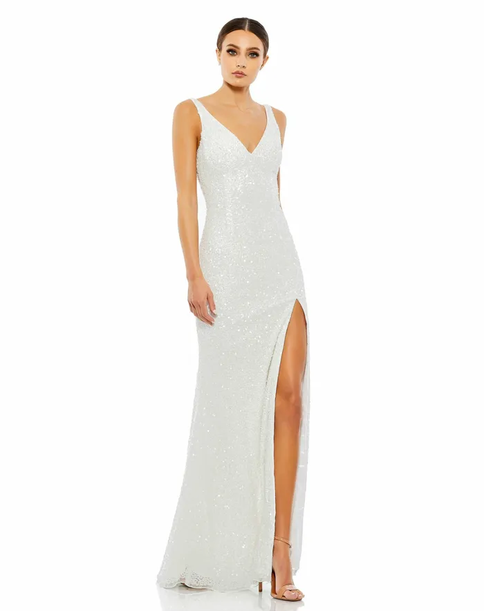 Evening Gowns Women Mac Duggal White Sequined Sleeveless V Neck Side Slit Gown Ivory Evening Gowns Women Mac Duggal White Sequined Sleeveless V Neck Side Slit Gown Ivory
