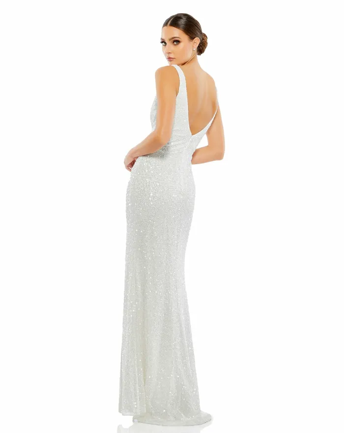 Evening Gowns Women Mac Duggal White Sequined Sleeveless V Neck Side Slit Gown Ivory