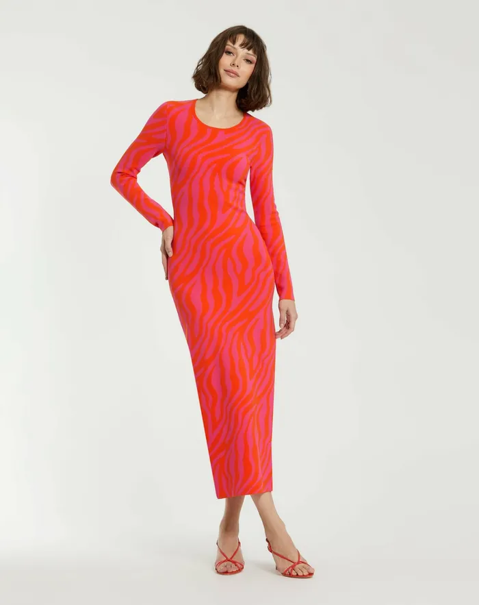 Every Day Dresses Fitted Long Sleeve Zebra Print Knit Maxi Dress 8211 FINAL SALE Hot Pink Sunset Mac Duggal Women Every Day Dresses Fitted Long Sleeve Zebra Print Knit Maxi Dress 8211 FINAL SALE Hot Pink Sunset Mac Duggal Women
