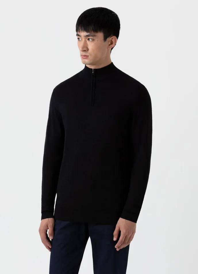 ExtraFine Merino Zip Neck Black Men SUNSPEL Knitwear