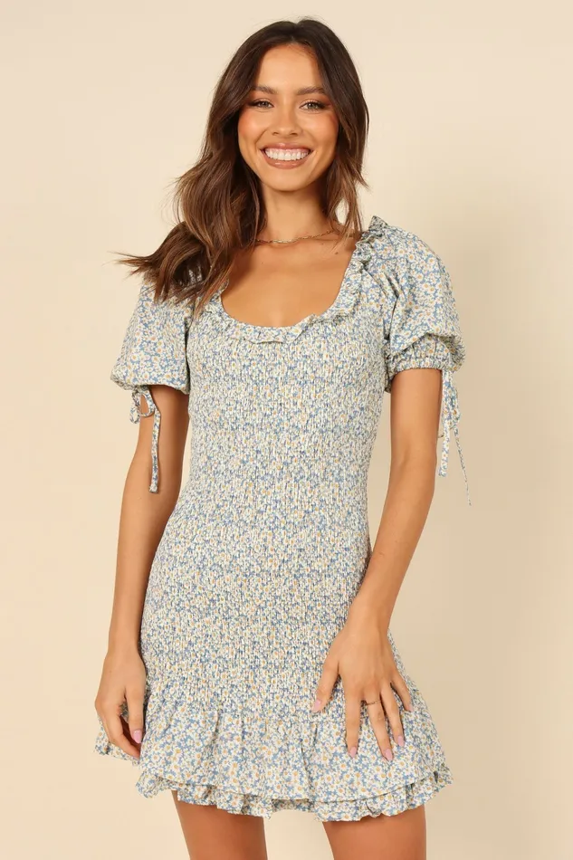 Floral Dresses Marabella Shirred Mini Dress Blue Petal and Pup Women