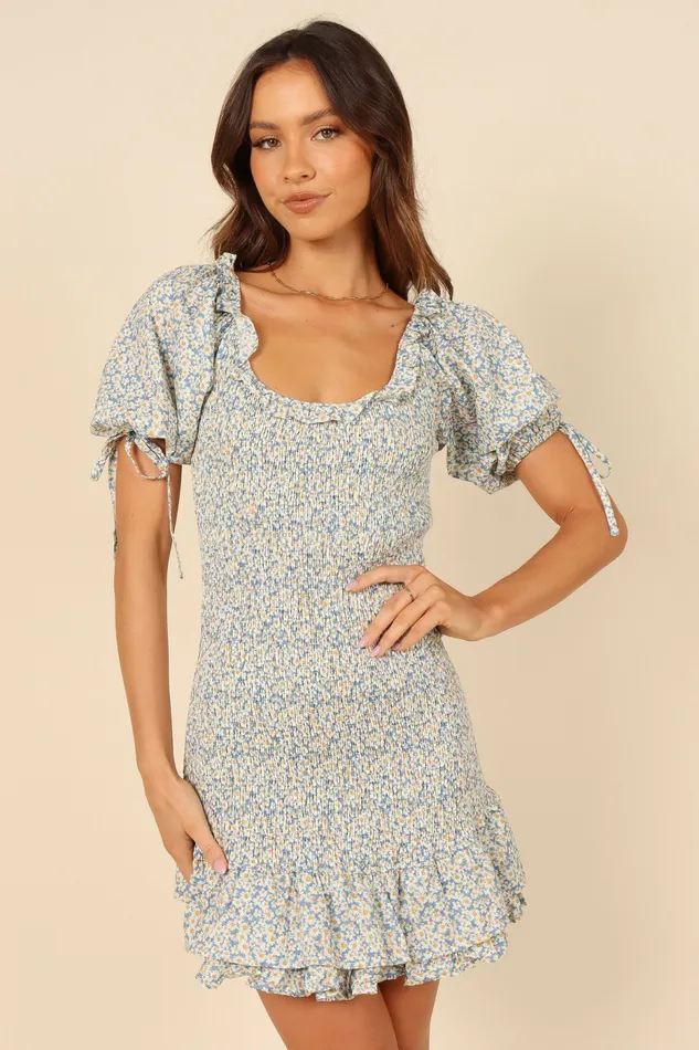 Floral Dresses Marabella Shirred Mini Dress Blue Petal and Pup Women