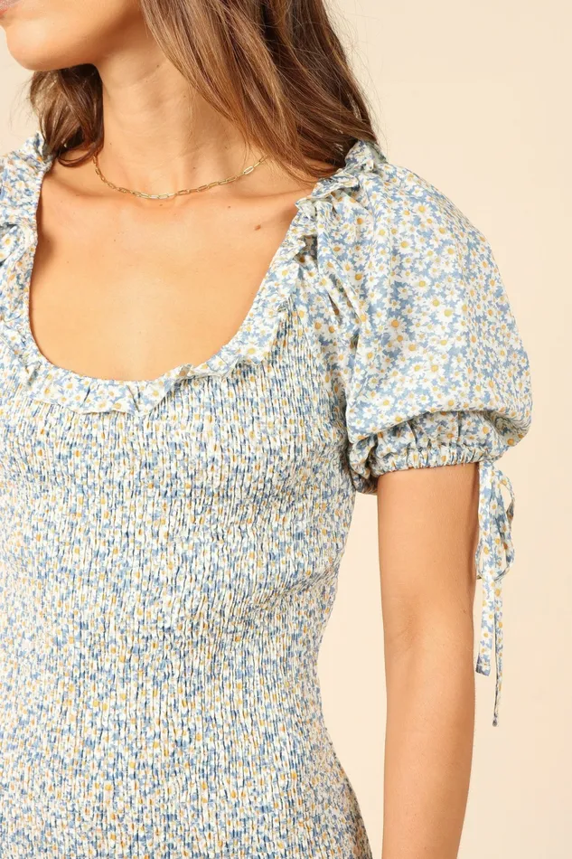 Floral Dresses Marabella Shirred Mini Dress Blue Petal and Pup Women