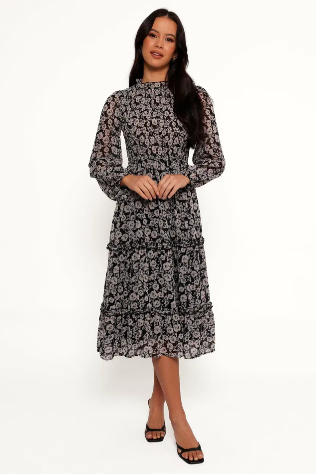 Floral Dresses Petal and Pup Women Edwina Shirred Frill Long Sleeve Midi Dress Black Floral
