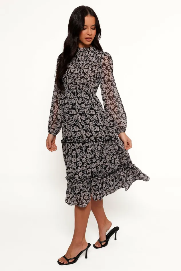 Floral Dresses Petal and Pup Women Edwina Shirred Frill Long Sleeve Midi Dress Black Floral