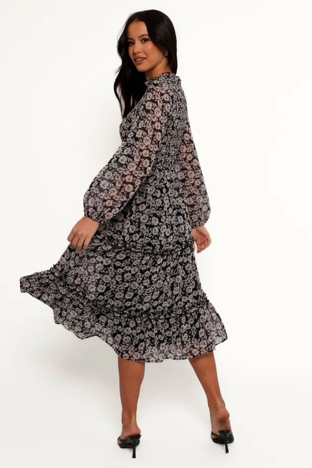Floral Dresses Petal and Pup Women Edwina Shirred Frill Long Sleeve Midi Dress Black Floral