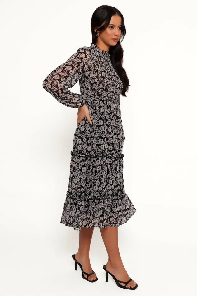 Floral Dresses Petal and Pup Women Edwina Shirred Frill Long Sleeve Midi Dress Black Floral