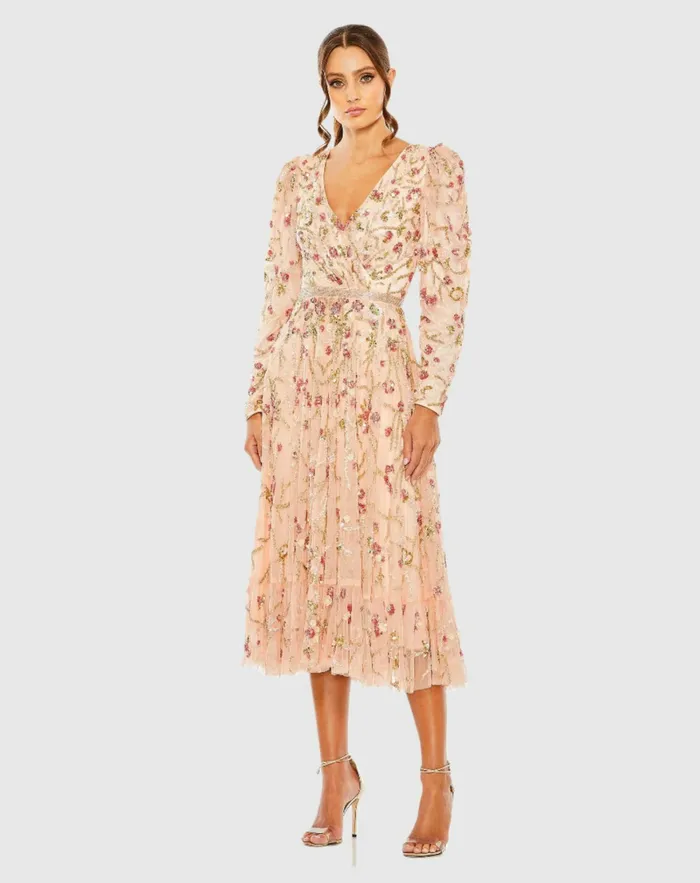 Floral Embellished Wrap Over Puff Sleeve A Line Dress Blush Multi Cocktail Dresses Mac Duggal Women Floral Embellished Wrap Over Puff Sleeve A Line Dress Blush Multi Cocktail Dresses Mac Duggal Women