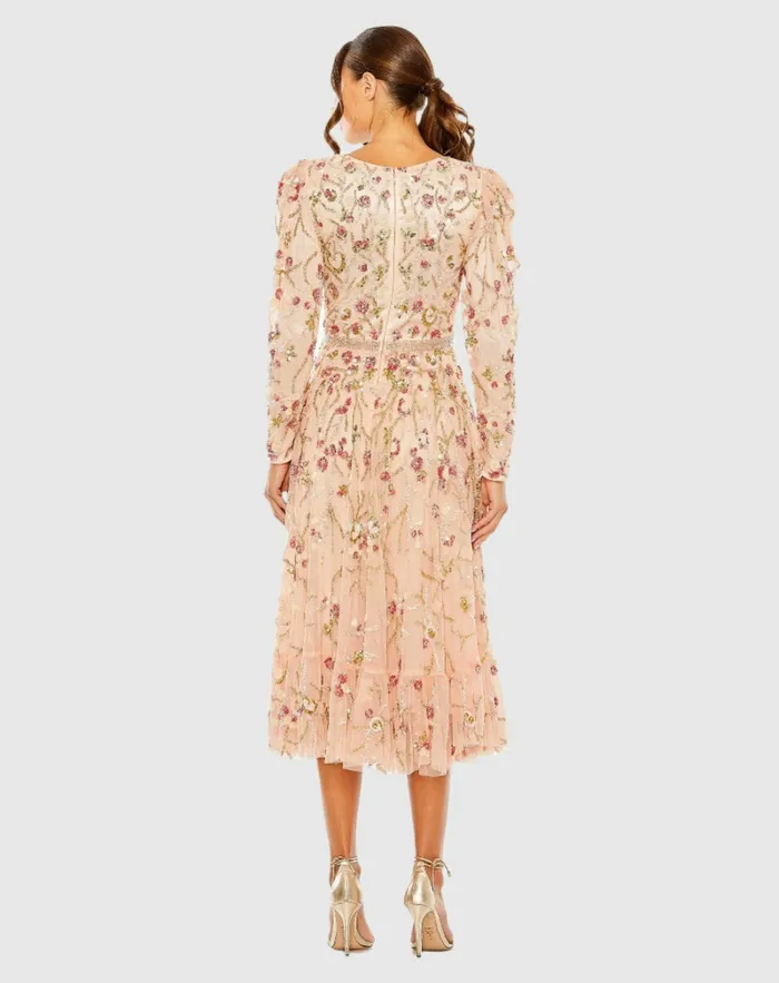 Floral Embellished Wrap Over Puff Sleeve A Line Dress Blush Multi Cocktail Dresses Mac Duggal Women