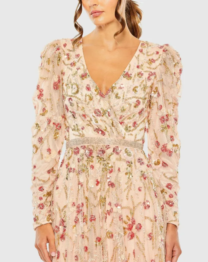 Floral Embellished Wrap Over Puff Sleeve A Line Dress Blush Multi Cocktail Dresses Mac Duggal Women