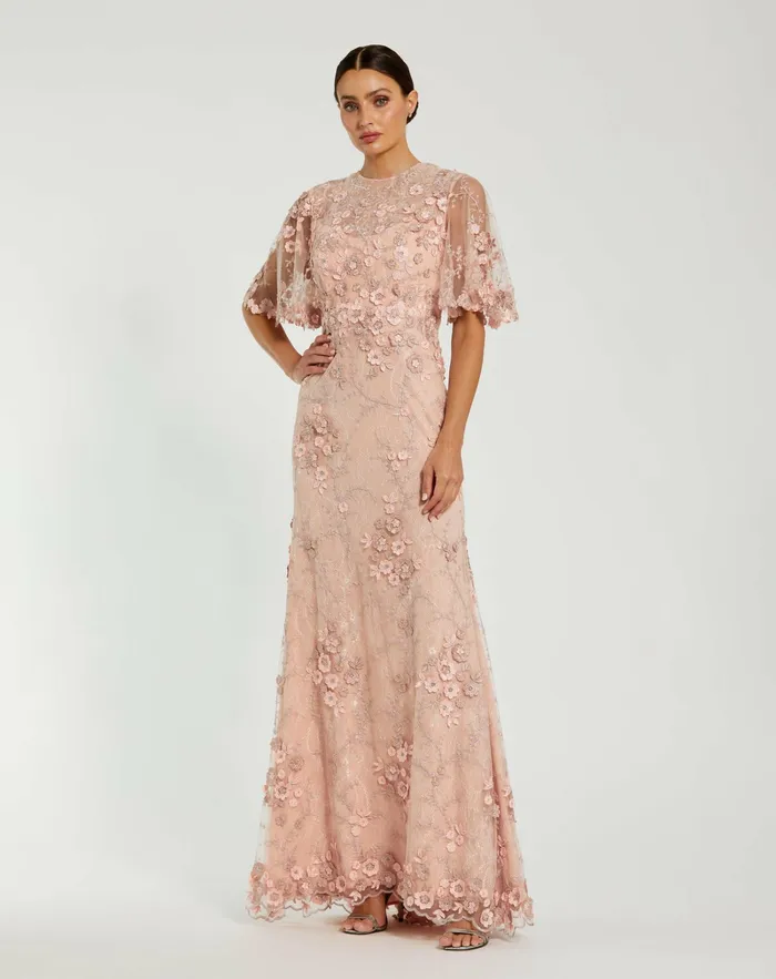 Flutter Sleeve Floral Embroidered Net Gown Rose Evening Gowns Mac Duggal Women