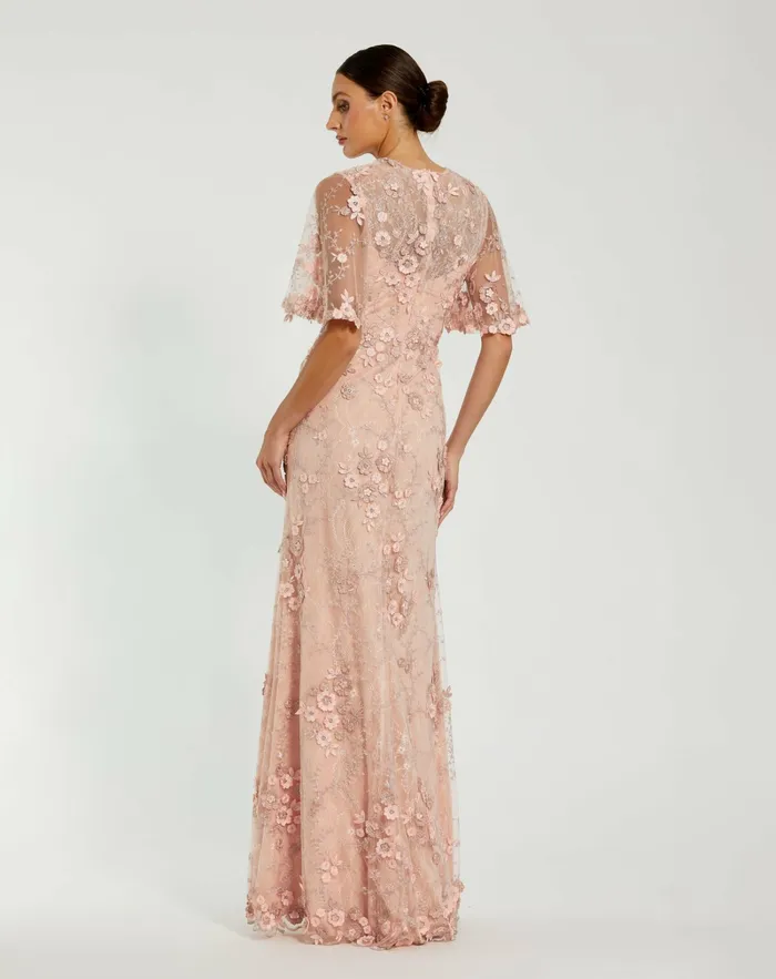Flutter Sleeve Floral Embroidered Net Gown Rose Evening Gowns Mac Duggal Women Flutter Sleeve Floral Embroidered Net Gown Rose Evening Gowns Mac Duggal Women
