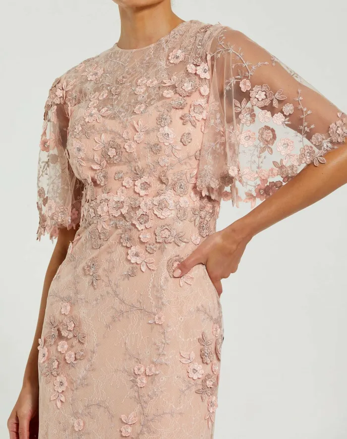 Flutter Sleeve Floral Embroidered Net Gown Rose Evening Gowns Mac Duggal Women Flutter Sleeve Floral Embroidered Net Gown Rose Evening Gowns Mac Duggal Women