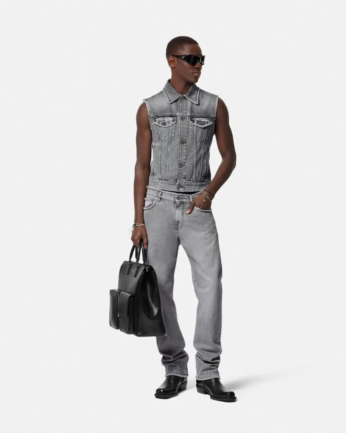 Frayed RegularFit Jeans Gray Men Versace Pants and Shorts