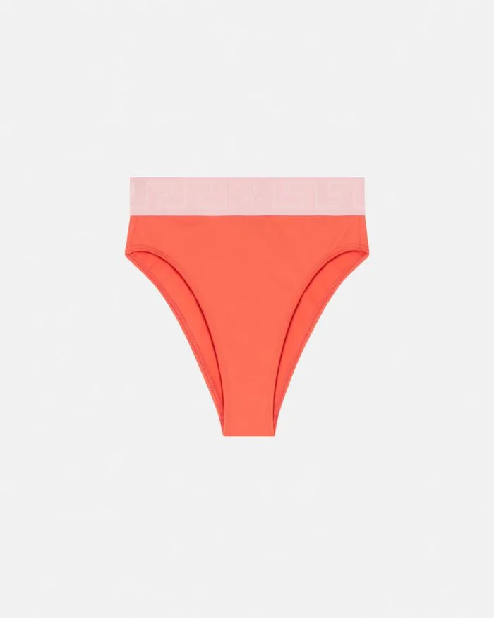 Greca Border High Waist Bikini Bottoms Coral Women Versace Swimwear