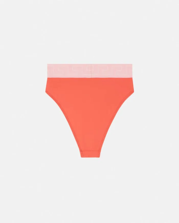 Greca Border High Waist Bikini Bottoms Coral Women Versace Swimwear
