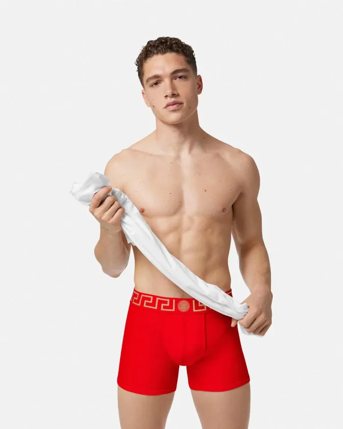 Greca Border Long Trunks Red Men Versace Boxers