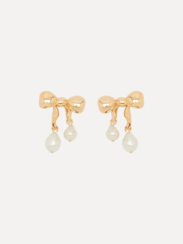Heart and Bow Pearl Earrings Gold Women Oscar De La Renta Earrings