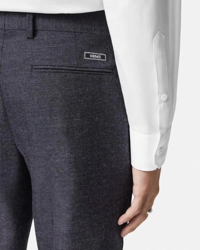 Herringbone Wool Formal Pants Gray Men Versace Blazers and Suits