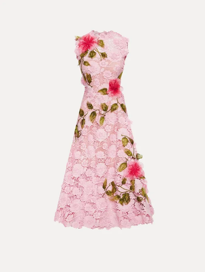 Hibiscus Embroidered Guipure Dress Soft Pink Women Oscar De La Renta Dresses