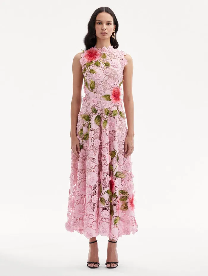 Hibiscus Embroidered Guipure Dress Soft Pink Women Oscar De La Renta Dresses