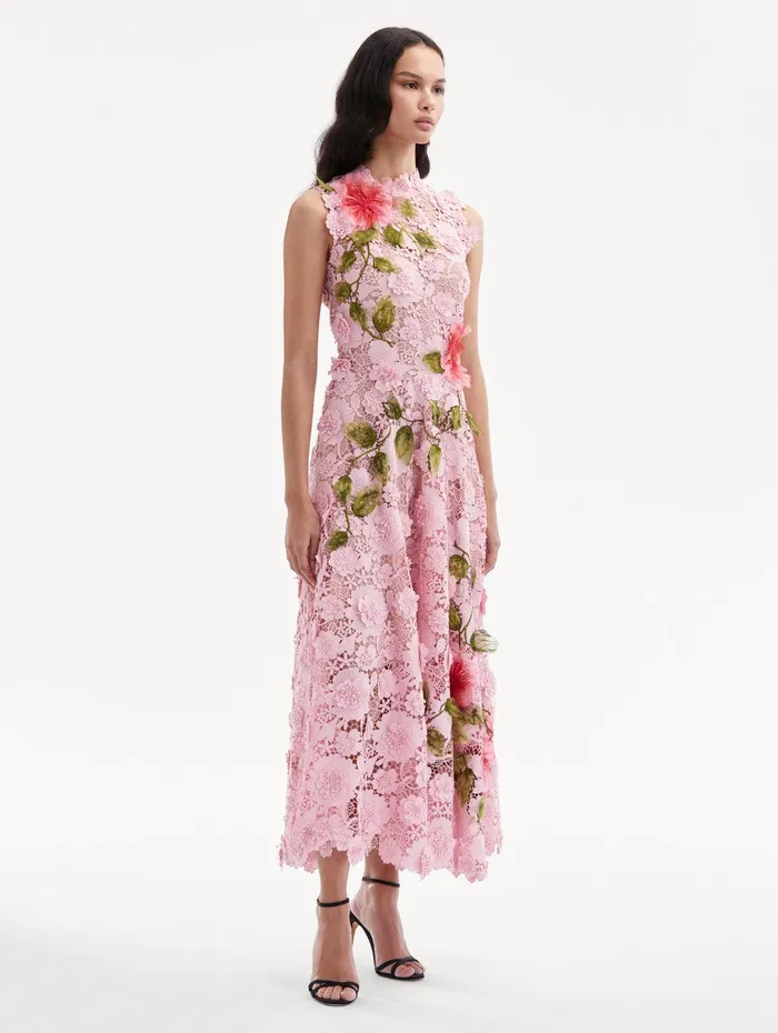 Hibiscus Embroidered Guipure Dress Soft Pink Women Oscar De La Renta Dresses