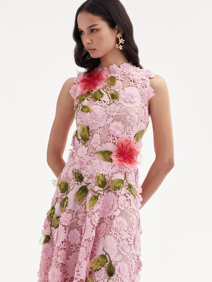 Hibiscus Embroidered Guipure Dress Soft Pink Women Oscar De La Renta Dresses