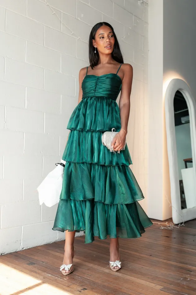 Jace Tiered Maxi Dress Shimmer Emerald Event Dresses Petal and Pup Women