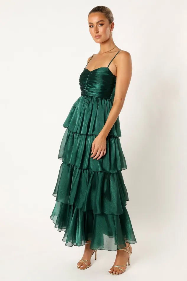 Jace Tiered Maxi Dress Shimmer Emerald Event Dresses Petal and Pup Women
