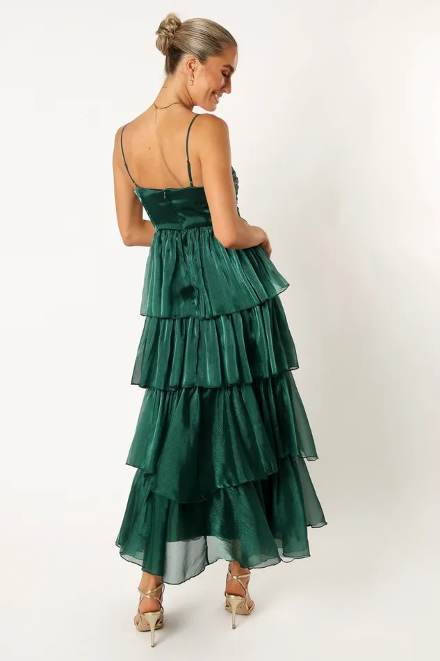 Jace Tiered Maxi Dress Shimmer Emerald Event Dresses Petal and Pup Women