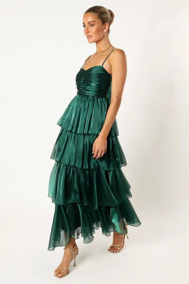 Jace Tiered Maxi Dress Shimmer Emerald Event Dresses Petal and Pup Women
