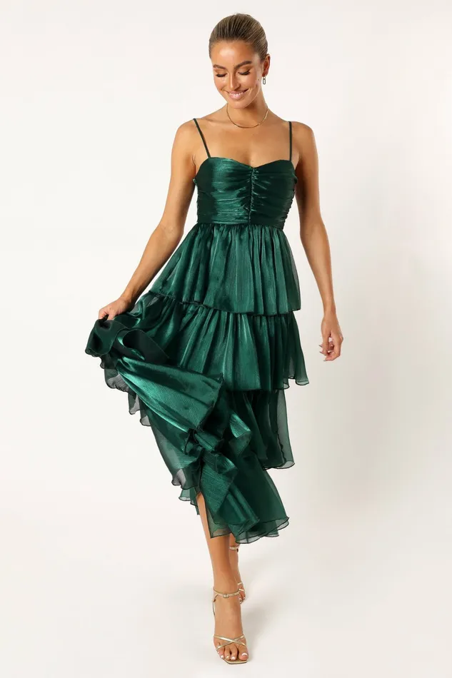 Jace Tiered Maxi Dress Shimmer Emerald Event Dresses Petal and Pup Women