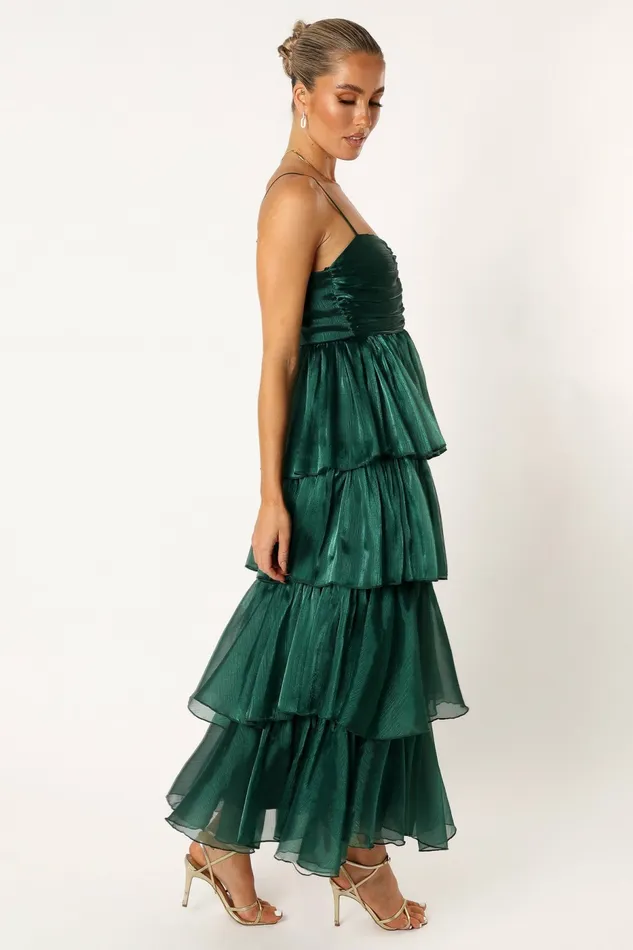 Jace Tiered Maxi Dress Shimmer Emerald Event Dresses Petal and Pup Women