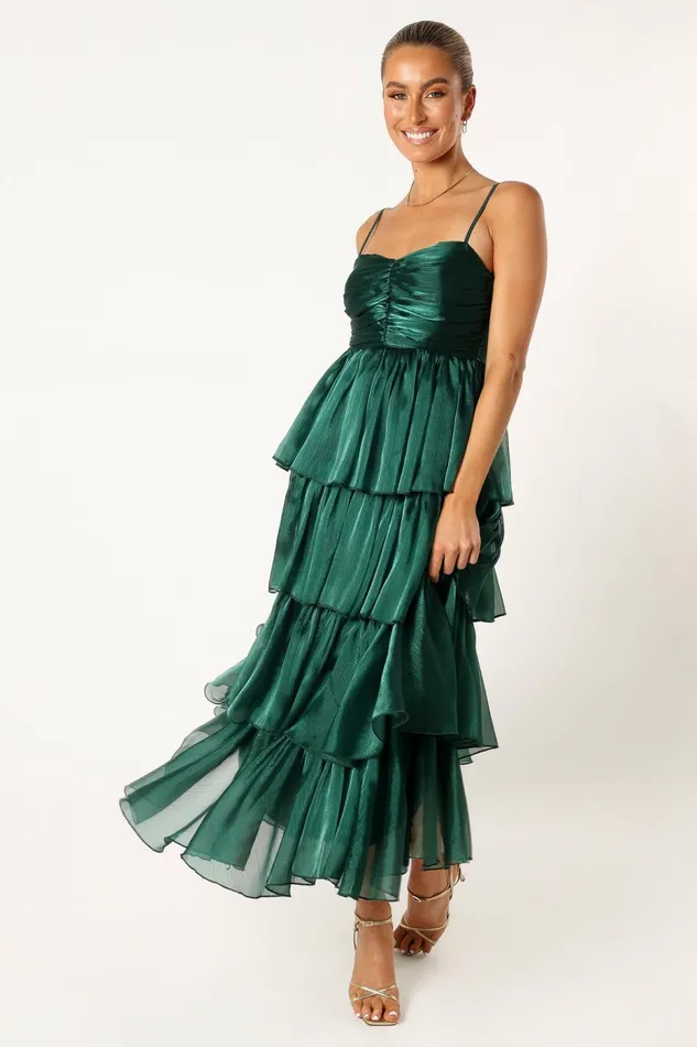 Jace Tiered Maxi Dress Shimmer Emerald Event Dresses Petal and Pup Women