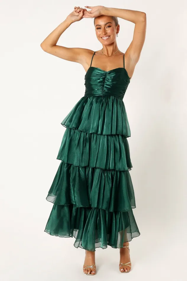 Jace Tiered Maxi Dress Shimmer Emerald Event Dresses Petal and Pup Women