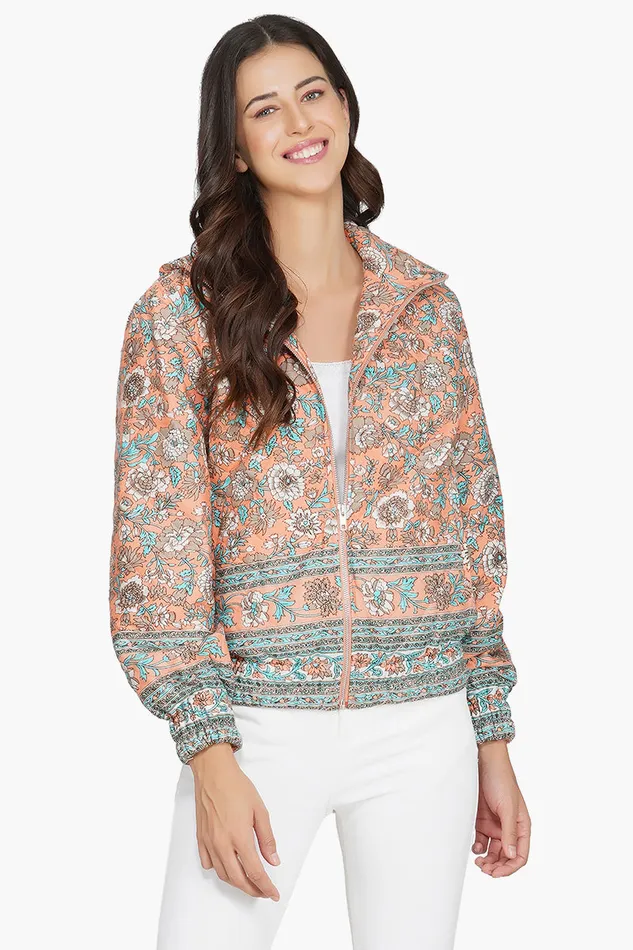 Jackets America and Beyond Women Georgia Peach Floral Bomber Jacket Jackets America and Beyond Women Georgia Peach Floral Bomber Jacket