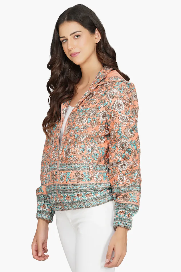 Jackets America and Beyond Women Georgia Peach Floral Bomber Jacket Jackets America and Beyond Women Georgia Peach Floral Bomber Jacket