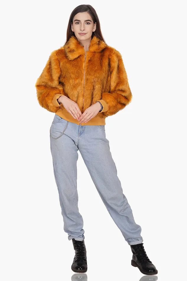 Jackets America and Beyond Women Golden Fox Faux Fur Bomber Jacket