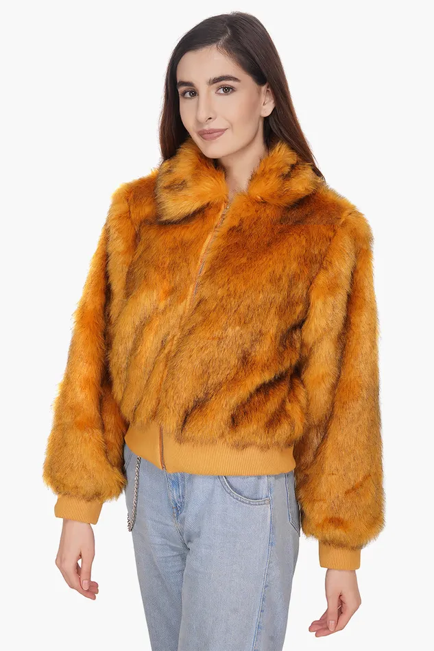 Jackets America and Beyond Women Golden Fox Faux Fur Bomber Jacket