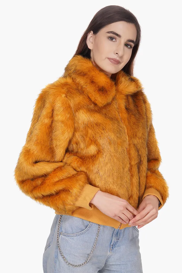 Jackets America and Beyond Women Golden Fox Faux Fur Bomber Jacket