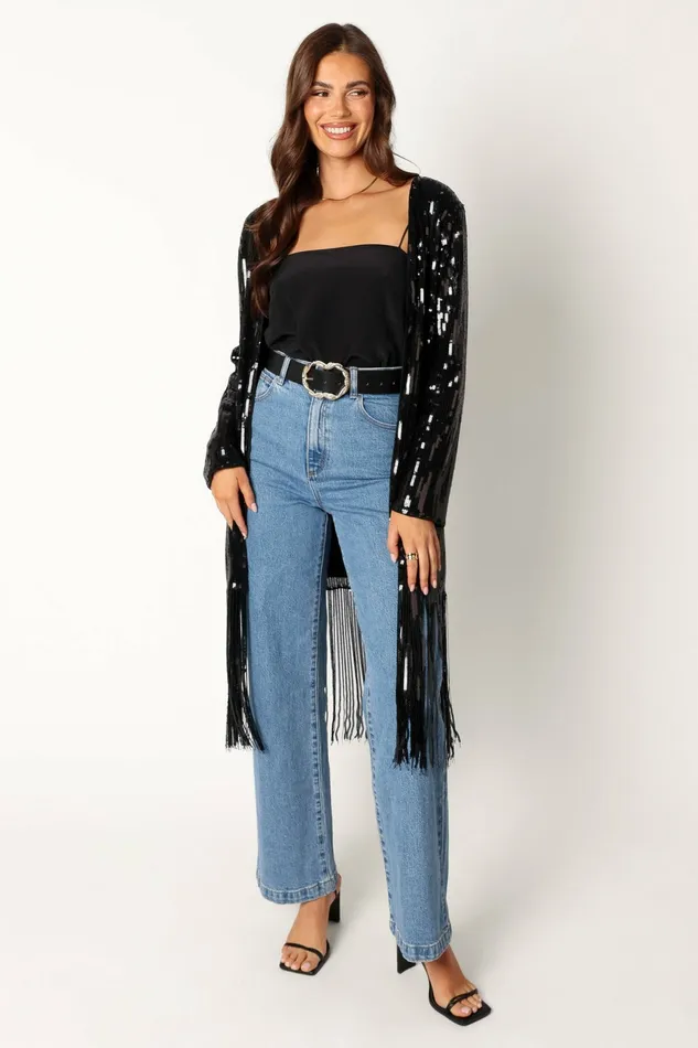 Jackets and Coats Miriam Sequin Fringe Duster Black 8211 Petal and Pup Women