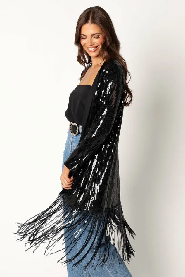 Jackets and Coats Miriam Sequin Fringe Duster Black 8211 Petal and Pup Women