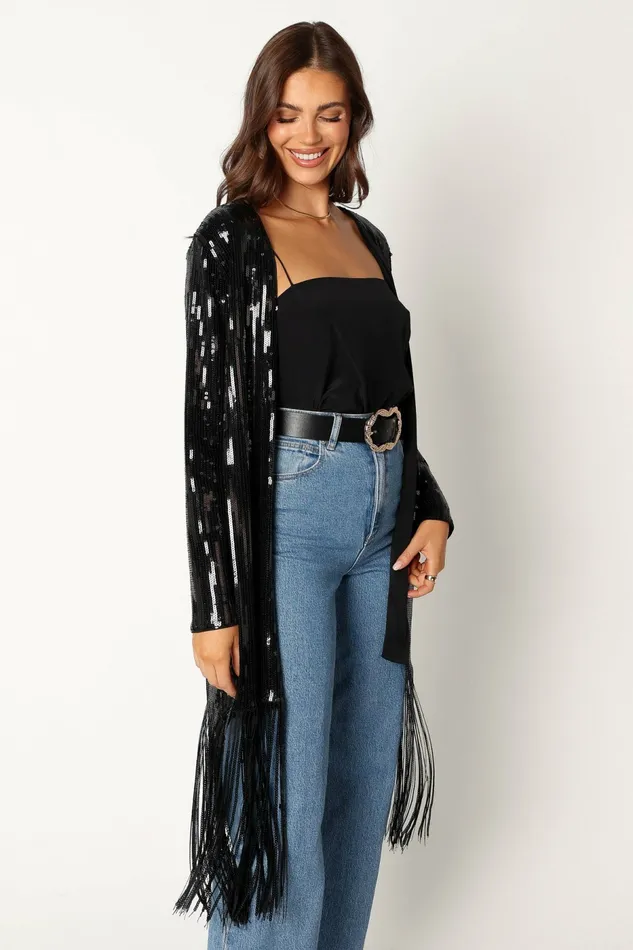 Jackets and Coats Miriam Sequin Fringe Duster Black 8211 Petal and Pup Women