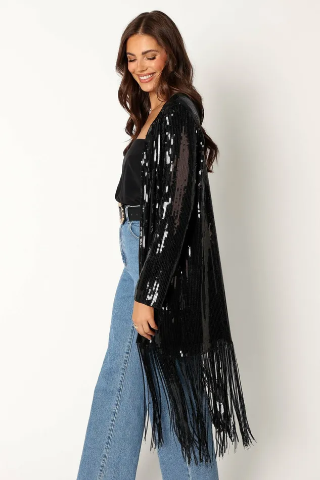 Jackets and Coats Miriam Sequin Fringe Duster Black 8211 Petal and Pup Women