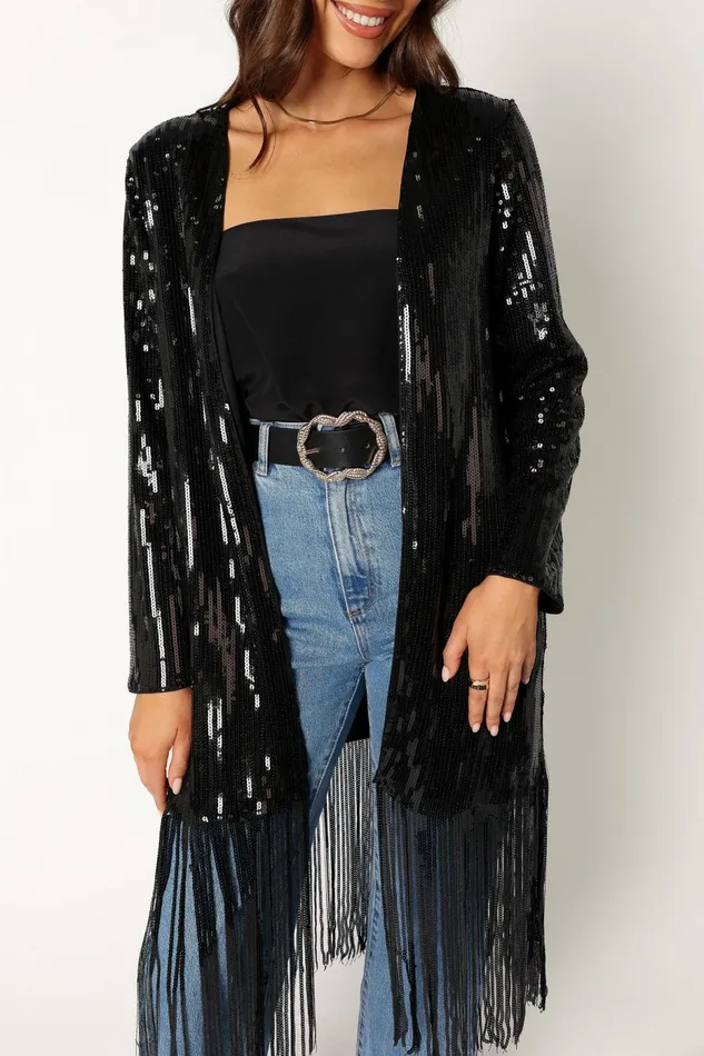Jackets and Coats Miriam Sequin Fringe Duster Black 8211 Petal and Pup Women