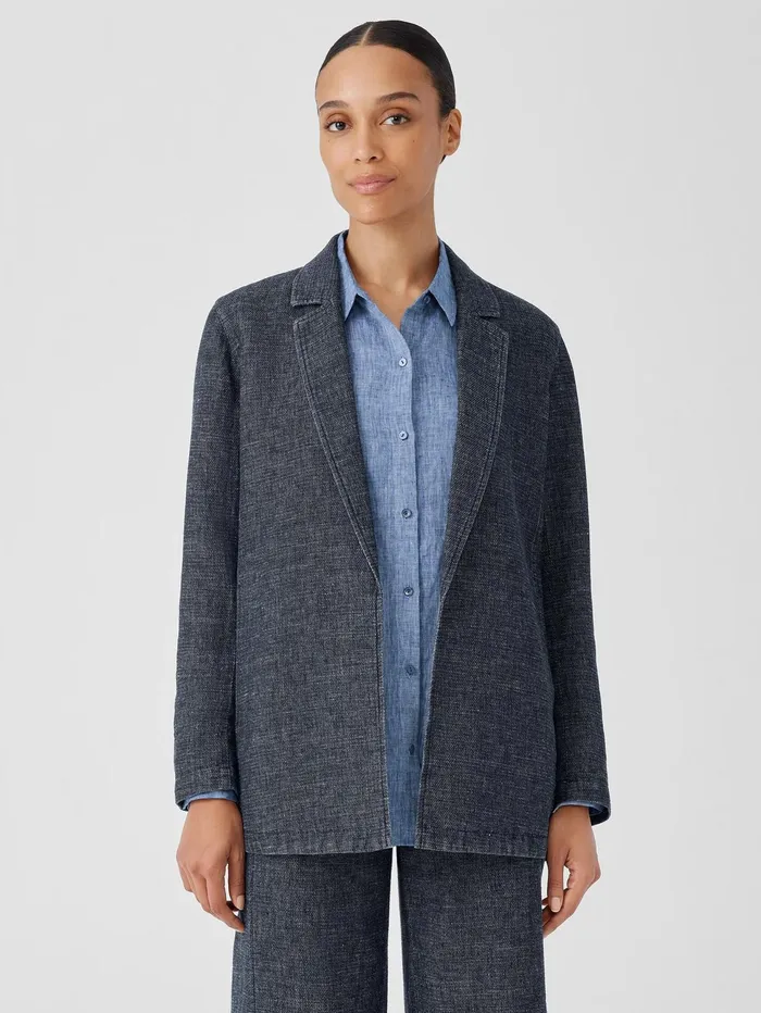 Jackets Coats and Vests Women Eileen Fisher Tweedy Hemp Cotton Long Blazer Denim