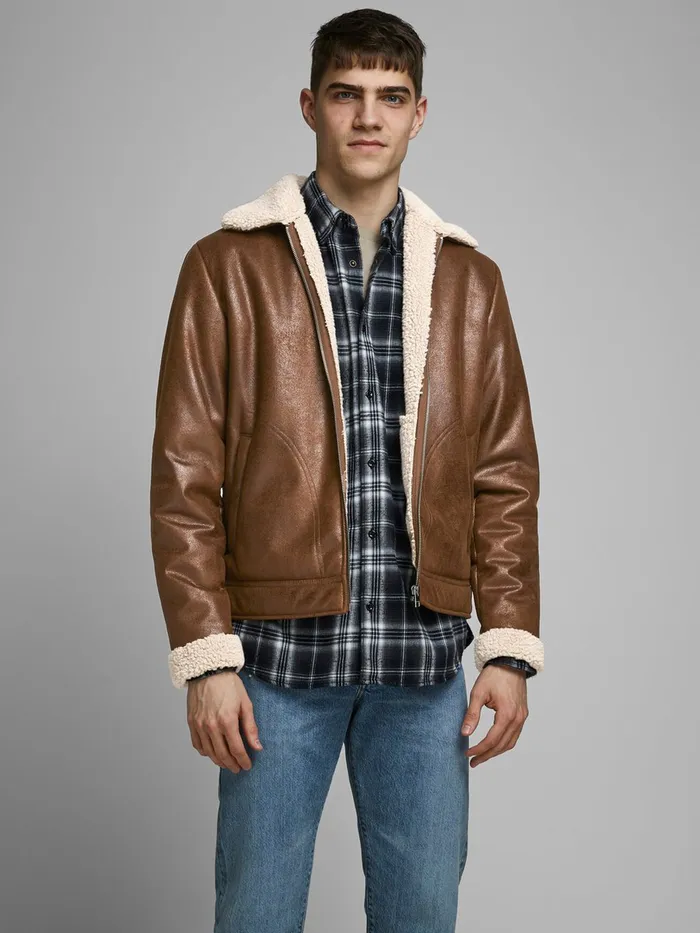 Jackets JACK and JONES Mens AVIATOR FAUX LEATHER JACKET Brown Cognac
